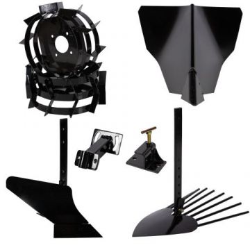 Set accesorii pentru motocultor Detoolz DZ-M129-S005-G01, Rarita/Plug/Adaptor/Plug cartofi/Roti metalice 3.5-6